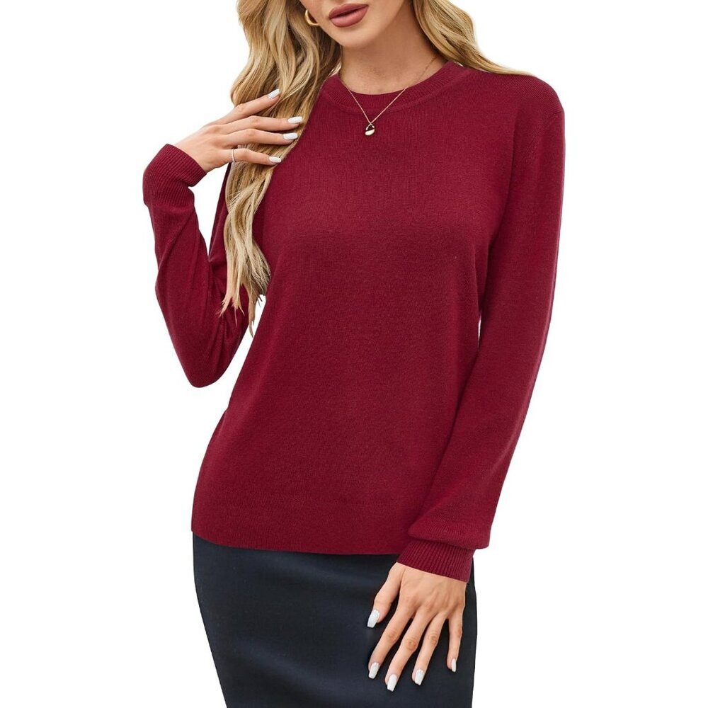 Women's A-Red Wool Blend Classic Crew Neck Casual Fall Winter Sweaters Shirt - Picture 2 of 7